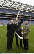 2 September 2003; Eoin Kelly of Tipperary, Martin Comerford of Kilkenny and GAA President Sean Kelly at the launch of the AIB Kilmacud Crokes All-Ireland Hurling Sevens 2003 in Croke Park, Dublin. Picture credit; Ray McManus / SPORTSFILE