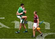 19 August 2018; Darragh O'Donovan, left, and Tom Condon of Limerick celebrate as Davy Glennon of Galway looks on, after the GAA Hurling All-Ireland Senior Championship Final match between Galway and Limerick at Croke Park in Dublin. Photo by Daire Brennan/Sportsfile