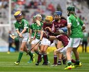 19 August 2018; Orla Ryan, Caherelly NS, Kilmallock, Limerick, representing Limerick, Caoimhe Kelly, Scoil Bhríde, Ballinasloe, Co. Galway, representing Galway, and Ciara Ryan, Mercy Convent NS, Naas, Co. Kildare, representing Galway, during the INTO Cumann na mBunscol GAA Respect Exhibition Go Games at the GAA Hurling All-Ireland Senior Championship Final match between Galway and Limerick at Croke Park in Dublin. Photo by Ray McManus/Sportsfile