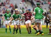 19 August 2018; Orla Ryan, Caherelly NS, Kilmallock, Limerick, representing Limerick, and Katelyn Shore, Paddock NS, Mountrath, Co. Laois, representing Galway, during the INTO Cumann na mBunscol GAA Respect Exhibition Go Games at the GAA Hurling All-Ireland Senior Championship Final match between Galway and Limerick at Croke Park in Dublin. Photo by Ray McManus/Sportsfile