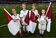 19 August 2018; Galway flagbearers, from left, Cillian McSweeney, Jude McGarry, Tom Hynes and Tara Kelly pictured in Croke Park welcoming Galway’s hurlers to the field for their All-Ireland Final meeting with Limerick. Bord Gáis Energy offers its customers unmissable rewards throughout the Championship season, including match tickets and hospitality, access to training camps with Hurling stars and the opportunity to present Man of the Match Awards at U-21 games. Photo by Stephen McCarthy/Sportsfile