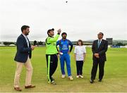20 August 2018; Captains Gary Wilson of Ireland and Asghar Afghan of Afghanistan, with match referee Ranjan Madugalle, right, mascot Lucy Neely, from Artigarvan, Co. Tyrone, and presenter and former Ireland cricketer Kyle McCallan, left, during the coin toss prior to the T20 International cricket match between Ireland and Afghanistan at Bready Cricket Club, in Magheramason, Co. Tyrone. Photo by Seb Daly/Sportsfile