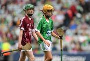 19 August 2018; Canice Murphy, Annyalla NS, Castleblayney, Co Monaghan, representing Limerick, and Cahal McKaigue, St. Patricks PS Glen, Maghera, Derry, representing Galway, during the INTO Cumann na mBunscol GAA Respect Exhibition Go Games at the GAA Hurling All-Ireland Senior Championship Final match between Galway and Limerick at Croke Park in Dublin. Photo by Piaras Ó Mídheach/Sportsfile
