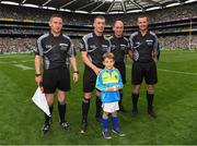 19 August 2018; Six year old Rian O’Connor who presented referee James Owens with the match sliothar before the GAA Hurling All-Ireland Senior Championship Final match between Galway and Limerick at Croke Park in Dublin. Also included are stand by referee Fergal Horgan, left, linesman Sean Cleer and right sideline official Patrick Murphy. Photo by Ray McManus/Sportsfile