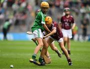 19 August 2018; Conn Mernagh, Murrintown NS, Murrintown, Co Wexford, representing Galway, in action against Canice Murphy, Annyalla NS, Castleblayney, Co Monaghan, representing Limerick, during the INTO Cumann na mBunscol GAA Respect Exhibition Go Games at the GAA Hurling All-Ireland Senior Championship Final match between Galway and Limerick at Croke Park in Dublin. Photo by Piaras Ó Mídheach/Sportsfile