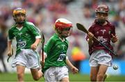 19 August 2018; Players, from left, Barry Killion, St Mary’s NS, Knockcroghery, Co Roscommon, representing Limerick, Aidan Fitzpatrick, Knockbridge NS, Dundalk, Co Louth, representing Limerick, and Mark Leavy, Kilbride NS, Trim, Co Meath, representing Galway, during the INTO Cumann na mBunscol GAA Respect Exhibition Go Games at the GAA Hurling All-Ireland Senior Championship Final match between Galway and Limerick at Croke Park in Dublin. Photo by Piaras Ó Mídheach/Sportsfile
