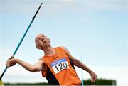 18 August 2018; Patrick Naughton of Nenagh Olympic A.C., Co Tipperary, M80, competing in the Javelin event during the Irish Life Health National Track & Field Masters Championships at Tullamore Harriers Stadium in Offaly. Photo by Piaras Ó Mídheach/Sportsfile