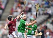 19 August 2018; Jake Henley, Scoil Mhuire, Tallow, Co Waterford, representing Limerick, in action against Ciarán Logan, St Colmcille’s PS, Ballymena, Co Antrim, representing Galway, during the INTO Cumann na mBunscol GAA Respect Exhibition Go Games at the GAA Hurling All-Ireland Senior Championship Final match between Galway and Limerick at Croke Park in Dublin. Photo by Seb Daly/Sportsfile