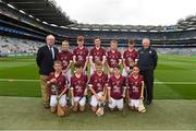 19 August 2018; Mini-Sevens Coordinator Gerry O'Meara with the Galway team, back row, left to right, Evan Walsh, Scoil Maelruain, Tallaght, Co. Dublin, Ben Tully, Laragh NS, Stradone, Co. Cavan, Seosamh Ó Loinsigh, Gaelscoil Bharra, Cabrach, Co. Dublin, front row, left to right, Conn Mernagh, Murrintown NS, Murrintown, Co. Wexford, Mark Leavy, Kilbride NS, Trim, Co. Meath, James Sargent, St Brigid's Gulladu, Knockloughrim, Co. Derry, Ciarán Logan, St Colmcille's PS, Ballymena, Co. Antrim, Jake Nolan, Kildavin NS, Kildavin, Co. Wexford, Cian Weir, Raharney NS, Raharney, Co. Westmeath, Charlie Carroll, Rathmore NS, Naas, Co. Kildare, ahead of the INTO Cumann na mBunscol GAA Respect Exhibition Go Games the GAA Hurling All-Ireland Senior Championship Final match between Galway and Limerick at Croke Park in Dublin. Photo by Daire Brennan/Sportsfile