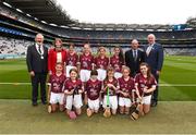 19 August 2018; President of the INTO Joe Killeen, President of the Camogie Association Kathleen Woods, President of Cumann Liam McGee, Uachtarán Chumann Lúthchleas Gael John Horan, with the Galway team, back row, left to right, Muireann Ní Riocaird, St Fiachra's SNS, Beaumont, Co Dublin, Ciara Connolly, Aughrim NS, Aughrim, Co Wicklow, Sarah May Walsh, Ballyfacey NS, Ballyfacey, Co Kilkenny, Jane Murray, Killeigh NS, Killeigh, Co Offaly, front row, left to right, Kate Ní Riain, Gaelscoil Eiscir Riada Leamhchán, Co Dublin, Lucy Devaney, Holy Rosary PS, Old Court, Firhouse, Co Dublin, Ciara Ryan, Mercy Convent NS, Naas, Co Kildare, Ellen Hawes, Stonepark NS, Stonepark, Co Longford, Caoimhe Kelly, Scoil Bhríde, Ballinasloe, Co Galway, Katelyn Shore, Paddock NS, Mountrath, Co Laois, ahead of the INTO Cumann na mBunscol GAA Respect Exhibition Go Games the GAA Hurling All-Ireland Senior Championship Final match between Galway and Limerick at Croke Park in Dublin. Photo by Daire Brennan/Sportsfile