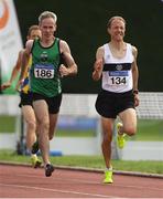 18 August 2018; Cathal McLaughlin of Derry Track Club, M50, left, Donal Iremonger of Donore Harriers, M45, competing in the 800m event during the Irish Life Health National Track & Field Masters Championships at Tullamore Harriers Stadium in Offaly. Photo by Piaras Ó Mídheach/Sportsfile