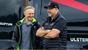 21 August 2018; Ireland Head Coach Joe Schmidt, left, with New Ulster Head Coach Dan McFarland during his first training session with the Ulster Squad at Pirrie Park, in Belfast. Photo by John Dickson/Sportsfile
