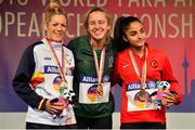 21 August 2018; Medallists in the Women's T13 1500m's, from left, silver medallist Izaskun Oese Ayucar of Spain, gold medallist Greta Streimiky of Ireland and bronze medallist Asli Adali of Turkey during the 2018 World Para Athletics European Championships at Friedrich-Ludwig-Jahn-Sportpark in Berlin, Germany. Photo by Luc Percival/Sportsfile