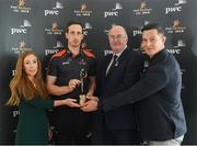 22 August 2018; Colm Cavanagh of Tyrone has been voted as the PwC GAA/GPA Player of the Month for August in Football. Colm, second from left, is presented with his PwC GAA/GPA Player of the Month Award by, from left, Marie Coady, PwC Partner, Uachtarain Cumann Luthchleas Gael John Horan and Philip Greene, GPA, at a reception in PwC Offices, Dublin. Photo by Sam Barnes/Sportsfile