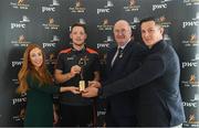 22 August 2018; Conor McManus of Monaghan has been voted as the PwC GAA/GPA Player of the Month for Huly in Football. Conor, second from left, is presented with his PwC GAA/GPA Player of the Month Award by, from left, Marie Coady, PwC Partner, Uachtarain Cumann Luthchleas Gael John Horan and Philip Greene, GPA, at a reception in PwC Offices, Dublin. Photo by Sam Barnes/Sportsfile