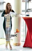 22 August 2018; Marie Coady, PwC Partner, speaking during the presentation of the August and July PwC GAA/GPA Players of the Month Award at a reception in PwC, Dublin. Photo by Sam Barnes/Sportsfile
