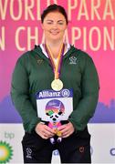 22 August 2018; Orla Barry of Ireland receives her Gold Medal from the F57 Discus event during the 2018 World Para Athletics European Championships at Friedrich-Ludwig-Jahn-Sportpark in Berlin, Germany. Photo by Luc Percival/Sportsfile