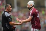 19 August 2018; Referee James Owens in conversation with John Hanbury of Galway during the GAA Hurling All-Ireland Senior Championship Final match between Galway and Limerick at Croke Park in Dublin.  Photo by Piaras Ó Mídheach/Sportsfile
