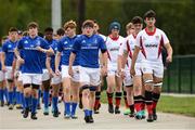 22 August 2018; Leinster captain Dave Murphy leads his team out with Ulster captain Stephen Kelly before the U18 Youths Interprovincial match between Leinster and Ulster at the University of Limerick in Limerick. Photo by Matt Browne/Sportsfile