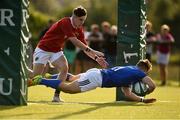 22 August 2018; Josh Pyper of Leinster scores a try during the U18 Schools Interprovincial match between Leinster and Munster at the University of Limerick in Limerick. Photo by Matt Browne/Sportsfile