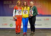 22 August 2018; Medalists in the Women's T13 200m, from left, silver medallist Carolina Duarte of Portugal, gold medallist Leilia Adzhametova of Ukraine and bronze medallist Orla Comerford of Ireland during the 2018 World Para Athletics European Championships at Friedrich-Ludwig-Jahn-Sportpark in Berlin, Germany. Photo by Luc Percival/Sportsfile