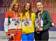 22 August 2018; Medalists in the Women's T13 200m, from left, silver medallist Carolina Duarte of Portugal, gold medallist Leilia Adzhametova of Ukraine and bronze medallist Orla Comerford of Ireland during the 2018 World Para Athletics European Championships at Friedrich-Ludwig-Jahn-Sportpark in Berlin, Germany. Photo by Luc Percival/Sportsfile