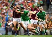 19 August 2018; Darragh O'Donovan of Limerick in action against Johnny Coen of Galway during the GAA Hurling All-Ireland Senior Championship Final match between Galway and Limerick at Croke Park in Dublin.  Photo by Piaras Ó Mídheach/Sportsfile
