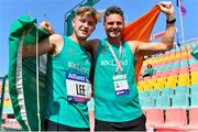 23 August 2018; Jordan Lee of Ireland, celebrates after winning a bronze medal in the Men's T47 High Jump event, with his coach Thomas Griffin, during the 2018 World Para Athletics European Championships at Friedrich-Ludwig-Jahn-Sportpark in Berlin, Germany. Photo by Luc Percival/Sportsfile