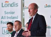 23 August 2018; Minister for Transport, Tourism and Sport, Shane Ross T.D. speaking at the launch of this year’s Londis 7s, the All-Ireland Senior Football Sevens, which takes place on the 1st September 2018 at Kilmacud Crokes GAA Club, in Glenalbyn Road, Stillorgan, Co Dublin.  Photo by Seb Daly/Sportsfile