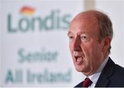 23 August 2018; Minister for Transport, Tourism and Sport, Shane Ross T.D. speaking at the launch of this year’s Londis 7s, the All-Ireland Senior Football Sevens, which takes place on the 1st September 2018 at Kilmacud Crokes GAA Club, in Glenalbyn Road, Stillorgan, Co Dublin.  Photo by Seb Daly/Sportsfile