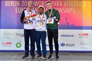 23 August 2018; Medallists in the High Jump T47, from left, silver medallist Daniel Perez Martinez of Spain, gold medallist Alexandre Dipoko-Ewane of France, and bronze medallist Lee Jordan of Ireland, during the 2018 World Para Athletics European Championships at Friedrich-Ludwig-Jahn-Sportpark in Berlin, Germany. Photo by Luc Percival/Sportsfile
