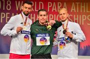 23 August 2018; Medallists from left, silver medallist Mateusz Michalski of Poland, gold medallist Jason Smyth of Ireland and bronze medallist Jakub Nicpon of Poland receiving their medals for the T13 100m event during the 2018 World Para Athletics European Championships at Friedrich-Ludwig-Jahn-Sportpark in Berlin, Germany. Photo by Luc Percival/Sportsfile