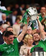 19 August 2018; Seán Finn, left, and Paul Browne of Limerick lift the Liam MacCarthy Cup following the GAA Hurling All-Ireland Senior Championship Final match between Galway and Limerick at Croke Park in Dublin.  Photo by Seb Daly/Sportsfile