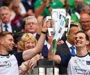 19 August 2018; Strength and Conditioning coach Joe O'Connor, left, and coach Paul Kinnerk lift the Liam MacCarthy Cup following the GAA Hurling All-Ireland Senior Championship Final match between Galway and Limerick at Croke Park in Dublin.  Photo by Seb Daly/Sportsfile