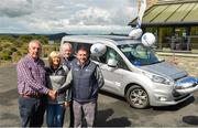 24 August 2018; KN Group's Vanessa Cunningham, All-Ireland GAA Golf Challenge organisers Liam Daniels and Nicholas Murphy presenting Michael O'Connell, father of Ian, with his specially-modified vehicle for his son Ian, who was paralysed from the neck down following a bicyle injury in Killarney in August 2017. This was during day one of the 20th annual KN Group All-Ireland GAA Golf Club Challenge at Concra Wood Golf Club, in Castleblayney, Co. Monaghan. Photo by Oliver McVeigh/Sportsfile