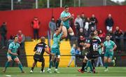 24 August 2018; Dan Goggin of Munster wins possession from the kick-off as he is lifted by team-mate Tommy O’Donnell during the Keary's Renault Pre-season Friendly match between Munster and Exeter Chiefs at Irish Independent Park in Cork. Photo by Diarmuid Greene/Sportsfile