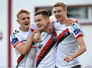 24 August 2018; Darragh Leahy, centre, of Bohemians is congratulated by his team-mates JJ Lunney, left, and Daniel Kelly, right, after scoring his side's first goal during the Irish Daily Mail FAI Cup Second Round match between Galway United and Bohemians at Eamonn Deacy Park, in Galway. Photo by Matt Browne/Sportsfile