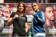 24 August 2018; WBA & IBF World Lightweight Champion Katie Taylor, left, and Cindy Serrano square off at Quincy Market, in Boston, USA, ahead of their bout on October 20 at TD Garden in Boston. Photo by Ed Mulholland/Matchroom Boxing USA via Sportsfile