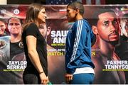 24 August 2018; WBA & IBF World Lightweight Champion Katie Taylor, left, and Cindy Serrano square off at Quincy Market, in Boston, USA, ahead of their bout on October 20 at TD Garden in Boston. Photo by Ed Mulholland/Matchroom Boxing USA via Sportsfile