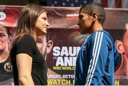 24 August 2018; WBA & IBF World Lightweight Champion Katie Taylor, left, and Cindy Serrano square off at Quincy Market, in Boston, USA, ahead of their bout on October 20 at TD Garden in Boston. Photo by Ed Mulholland/Matchroom Boxing USA via Sportsfile