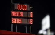 24 August 2018; A general view of the final score on the scoreboard after the Keary's Renault Pre-season Friendly match between Munster and Exeter Chiefs at Irish Independent Park in Cork. Photo by Diarmuid Greene/Sportsfile