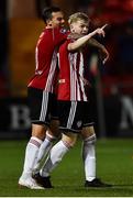 24 August 2018; Adrian Delap of Derry City turns to celebrate his side's first goal with Ben Fisk of Derry City during the Irish Daily Mail FAI Cup Second Round match between Derry City and St. Patrick's Athletic at Brandywell Stadium, in Derry. Photo by Oliver McVeigh/Sportsfile