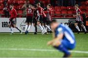 24 August 2018; Derry City goalkeeper Gerard Doherty celebrates with teammates after saving a time penalty in added time during the Irish Daily Mail FAI Cup Second Round match between Derry City and St. Patrick's Athletic at Brandywell Stadium, in Derry. Photo by Oliver McVeigh/Sportsfile
