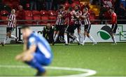 24 August 2018; Derry City goalkeeper Gerard Doherty celebrates with teammates after saving a time penalty in added time during the Irish Daily Mail FAI Cup Second Round match between Derry City and St. Patrick's Athletic at Brandywell Stadium, in Derry. Photo by Oliver McVeigh/Sportsfile