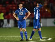 24 August 2018; A dejected Lee Desmond, left, and Michael Leahy of St Patrick's Athletic after the Irish Daily Mail FAI Cup Second Round match between Derry City and St. Patrick's Athletic at Brandywell Stadium, in Derry. Photo by Oliver McVeigh/Sportsfile