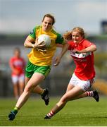 25 August 2018; Karen Guthrie of Donegal in action against Roisin Phelan of Cork during the TG4 All-Ireland Ladies Football Senior Championship Semi-Final match between Cork and Donegal at Dr Hyde Park in Roscommon. Photo by Eóin Noonan/Sportsfile