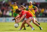 25 August 2018; Eimear Scally of Cork in action against Ciara Hegarty of Donegal during the TG4 All-Ireland Ladies Football Senior Championship Semi-Final match between Cork and Donegal at Dr Hyde Park in Roscommon. Photo by Piaras Ó Mídheach/Sportsfile