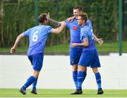 25 August 2018; Gary Delaney of North End United, centre, celebrates with his team-mates Dale Flynn, 3, and Lee Waddin Byrne after he scored the first goal during the President's Junior Cup Final match between North End United and Enniskillen Rangers at Home Farm FC in Whitehall, Dublin Photo by Matt Browne/Sportsfile