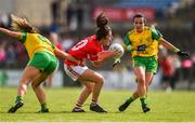 25 August 2018; Ciara O’Sullivan of Cork in action against Ciara Hegarty, left, and Anna Marie McGlynn of Donegal during the TG4 All-Ireland Ladies Football Senior Championship Semi-Final match between Cork and Donegal at Dr Hyde Park in Roscommon. Photo by Piaras Ó Mídheach/Sportsfile