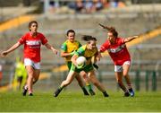 25 August 2018; Geraldine McLaughlin of Donegal in action against Emma Spillane of Cork during the TG4 All-Ireland Ladies Football Senior Championship Semi-Final match between Cork and Donegal at Dr Hyde Park in Roscommon. Photo by Eóin Noonan/Sportsfile